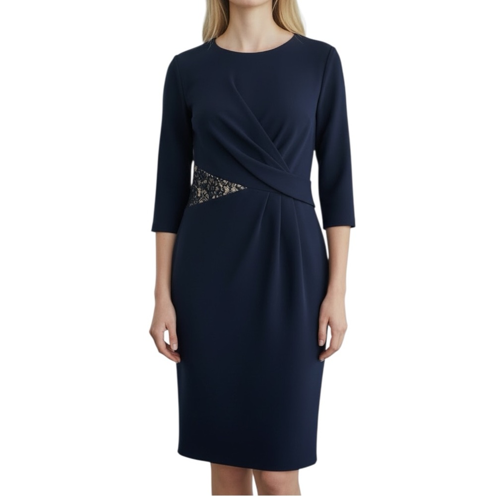 PORTS navy 3/4 sleeve lace cut out sheath cocktail dress 4 excellent condition